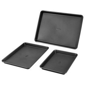 Baking Pans Set, 3-Piece, Nonstick Carbon Steel Cookware Sheets & Trays, Stackable Kitchen Oven Bakeware Cooking Sets with Silicone Handles